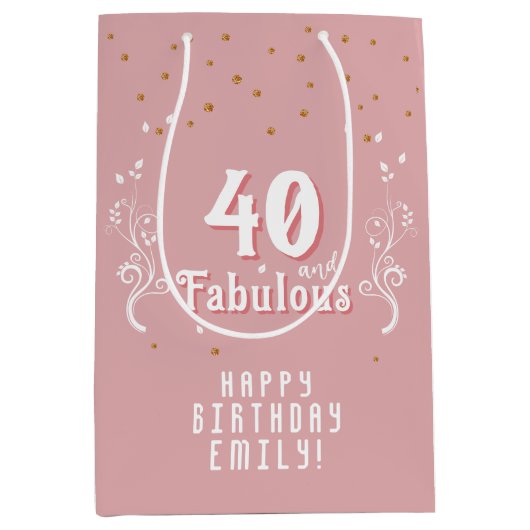 40歳と素晴らしい葉ピンク40歳の誕生日 ミディアムペーパーバッグ (正面)