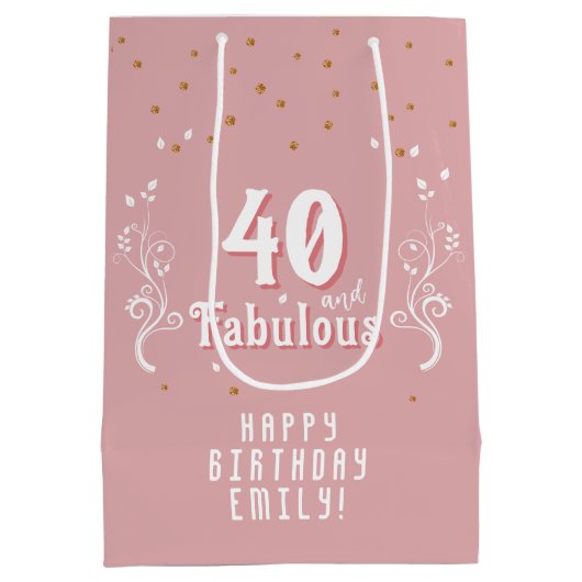 40歳と素晴らしい葉ピンク40歳の誕生日 ミディアムペーパーバッグ (裏面)