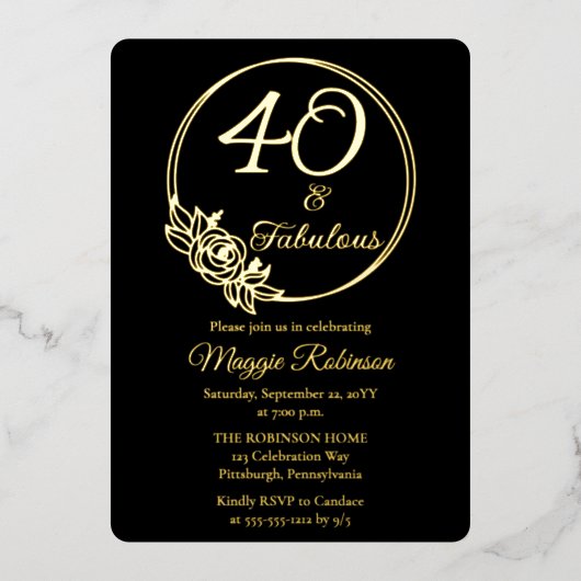 40歳と素晴らしい40歳の誕生日パーティースタンプ 箔招待状 (正面)