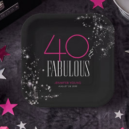 40歳のお誕生日おめでとう ブラック ピンク ゴージャス スパークル ペーパープレート