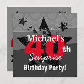 40歳のサプライズ誕生日 チャコールとレッドのグランジ C40 招待状 (正面/裏面)
