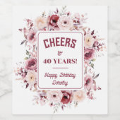 40歳のバースデーパーソナライズされたバーガンディーピンクフローラ ワインラベル (シングルラベル)