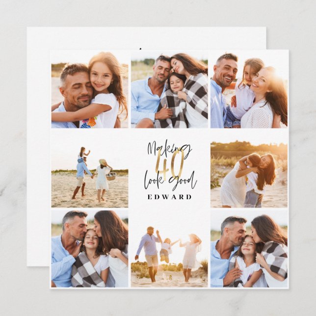 40歳のバースデーモダンタブラック&金ゴールド写真コラージュ (正面/裏面)