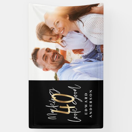 40歳のバースデーモダンタブラック&金ゴールド写真コラージュ 横断幕 (縦)