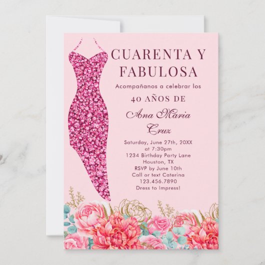 40歳のピンクフローラスペインの40歳の誕生日 招待状 (正面)