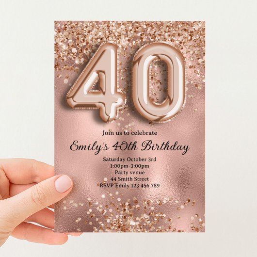 40歳のローズゴールドグリッター誕生日 招待状