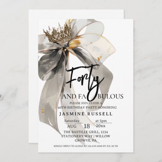 40歳の女性のための素晴らしい弓の誕生日パーティー 招待状 (正面/裏面)