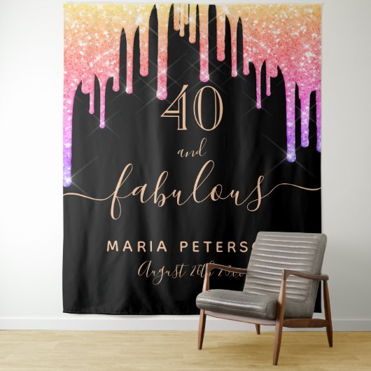 40歳の素敵な誕生日 ブラック ピンク ゴールドのドリップス タペストリー (インサイチュ)