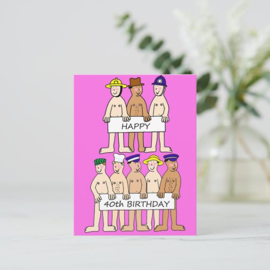 40歳の誕生日おめでとう カートゥーンマン バナー付き ポストカード (スタンド正面)