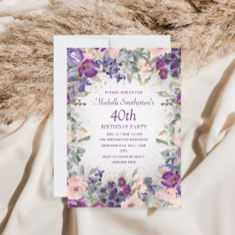 40歳の誕生日おめでとう ピンクの花と紫の葉 招待状