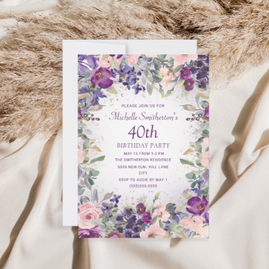 40歳の誕生日おめでとう ピンクの花と紫の葉 招待状