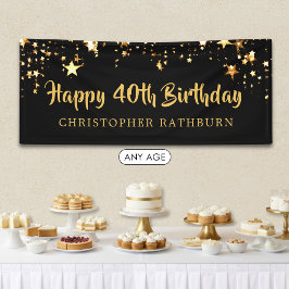 40歳の誕生日おめでとう ブラックゴールドの星、またはカスタムテキスト 横断幕