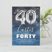 40歳の誕生日おめでとう ブルーとシルバーのバルーン40個 招待状 (スタンド正面)