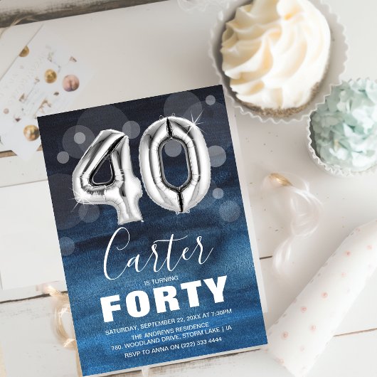 40歳の誕生日おめでとう ブルーとシルバーのバルーン40個 招待状