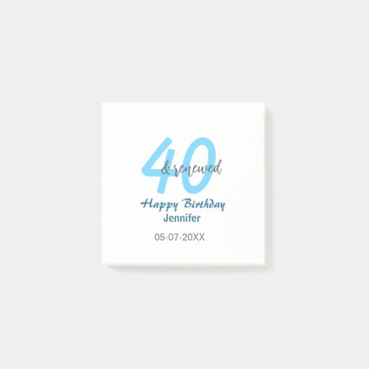 40歳の誕生日おめでとう ブルー太字番号 名前と日付入り ポストイット (正面)