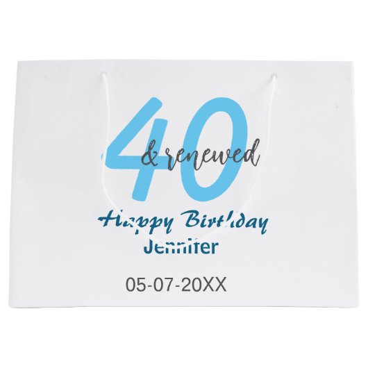 40歳の誕生日おめでとう ブルー太字 番号入り ラージペーパーバッグ (正面)
