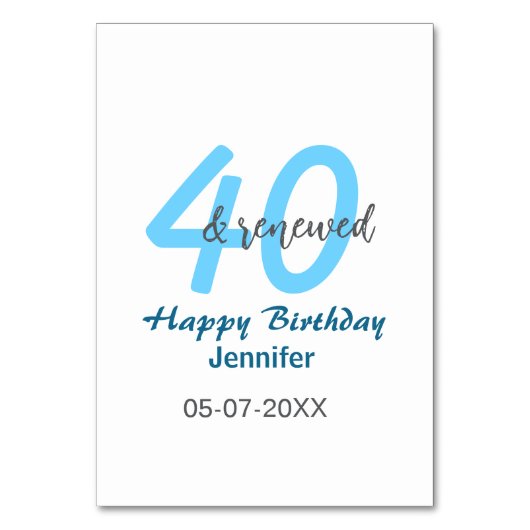 40歳の誕生日おめでとう ブルー太字 番号入り 名前入り テーブルナンバー (正面)
