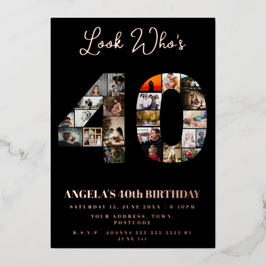 40歳の誕生日おめでとう　写真のモンテージ 箔招待状 (正面)