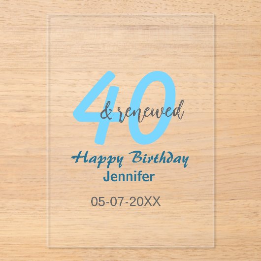 40歳の誕生日おめでとう 名前 日付 青い 太字 番号 アクリル招待状 (正面)
