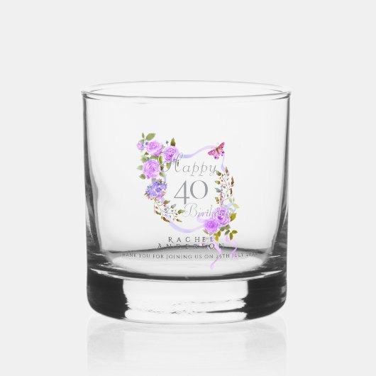 40歳の誕生日おめでとう 紫色のバラのリボン ウイスキーグラス (正面)