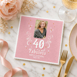 40歳の誕生日おめでとう!華やかなピンクのフォト40歳の誕生日 スタンダードカクテルナプキン