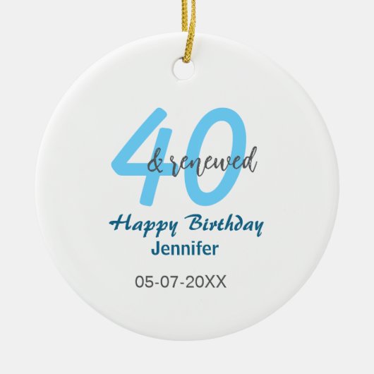 40歳の誕生日おめでとう 青い太字の数字 名前と誕生日 セラミックオーナメント (正面)