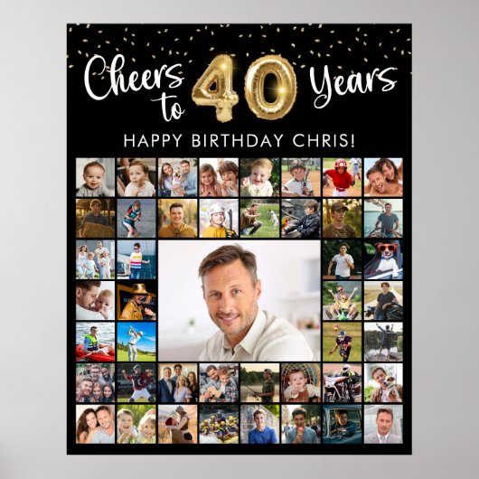 40歳の誕生日お祝い 45枚フォトコラージュ Cheers to 40 Years ポスター (正面)