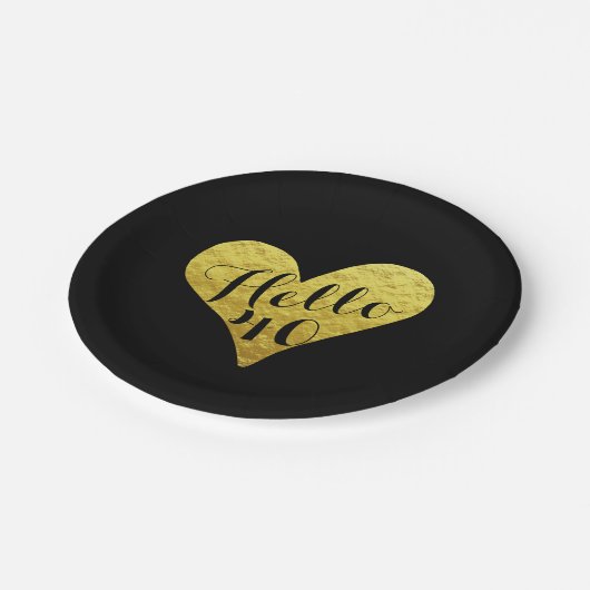 40歳の誕生日こんにちは40ブラックとフェイク金ゴールドハート ペーパープレート (アングル)