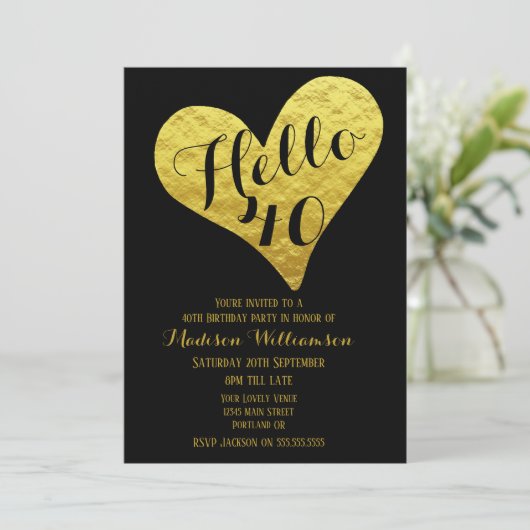 40歳の誕生日こんにちは40ブラックとフェイク金ゴールドハート 招待状 (スタンド正面)