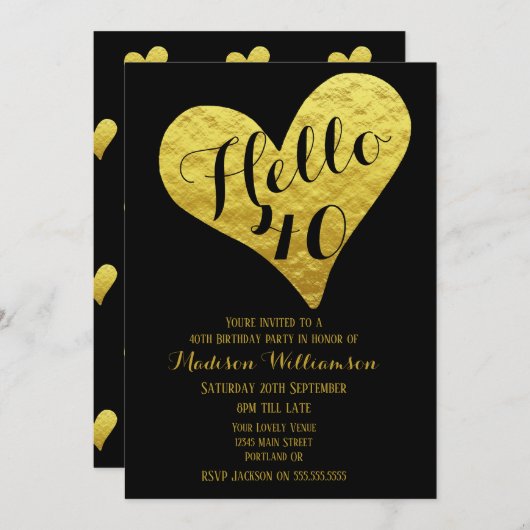 40歳の誕生日こんにちは40ブラックとフェイク金ゴールドハート 招待状 (正面/裏面)
