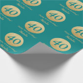 40歳の誕生日におめでとうティール（緑がかった色）と金ゴールドグリッター ラッピングペーパー (角)