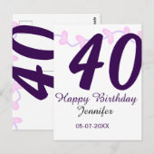 40歳の誕生日にお名前と日付と年と紫の花のピン ポストカード (正面/裏面)