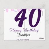 40歳の誕生日にお名前と日付と年を入れた紫の花のピン ポストカード (裏面)