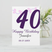 40歳の誕生日にお名前と日付と年を入れた紫の花のピン 招待状 (スタンド正面)