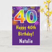 40歳の誕生日に虹のカラフル花火が紫 カード (黄色い花)