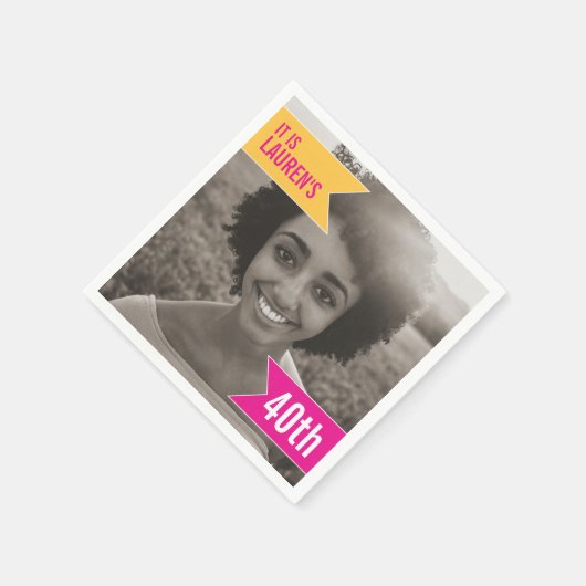 40歳の誕生日のパーティーは、自分の写真をピンク色の黄色に追加 スタンダードカクテルナプキン (角)