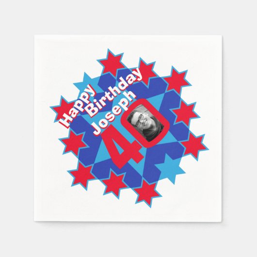 40歳の誕生日の写真とレッドスターナプキンスの名前 スタンダードカクテルナプキン (正面)