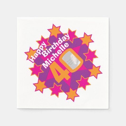 40歳の誕生日の写真と名前ピンクスターナプキン スタンダードカクテルナプキン (正面)