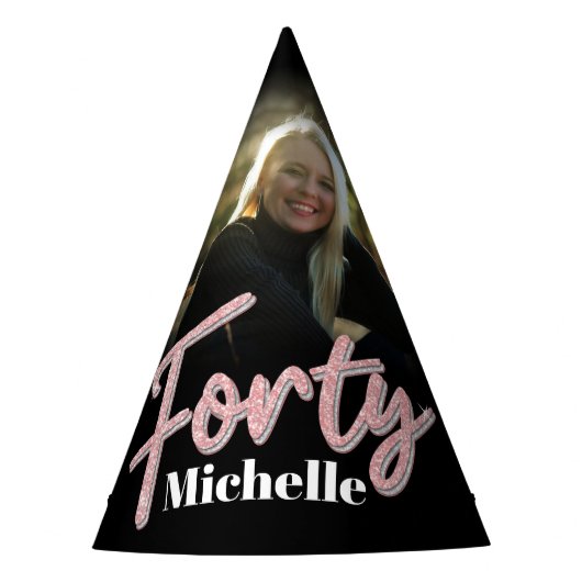 40歳の誕生日の写真パーソナライズされたグリッターピンクの名前 パーティーハット (正面)