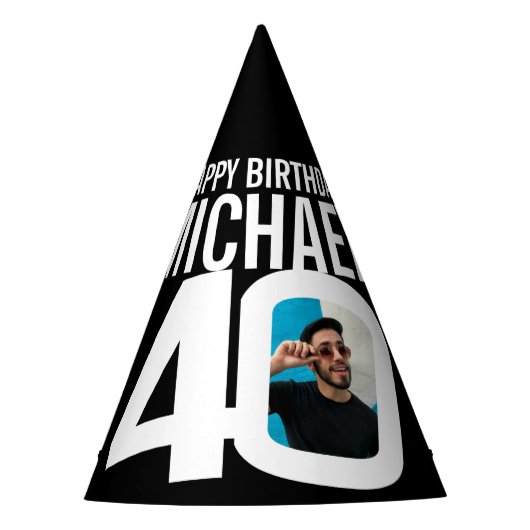 40歳の誕生日の写真パーソナライズされた白い黒 パーティーハット (正面)