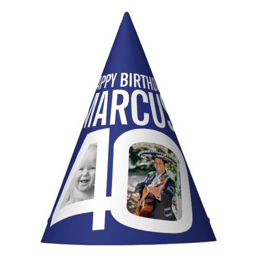 40歳の誕生日の写真パーソナライズされた青い白 パーティーハット (正面)