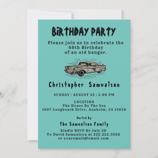 40歳の誕生日の古いバンガーカーマニアヴィンテージ 招待状 (正面)