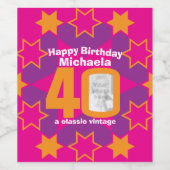40歳の誕生日の名前ピンクのフォトカスタムワインラベル ワインラベル (シングルラベル)