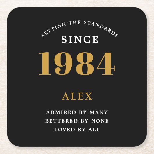 40歳の誕生日の名前Yearブラック金ゴールドシック スクエアペーパーコースター (正面)