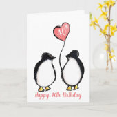40歳の誕生日の妻/ガールペンギンピンクハート カード (黄色い花)