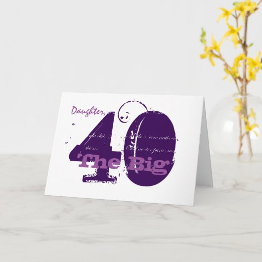 40歳の誕生日の娘、白の紫の文字。 カード (黄色い花)