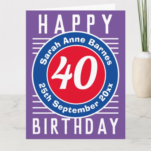 40歳の誕生日の年齢、名前、日付 カード (正面)