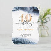 40歳の誕生日の招待ネイビーの水の色と金ゴールド 招待状 (スタンド正面)