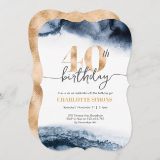 40歳の誕生日の招待ネイビーの水の色と金ゴールド 招待状