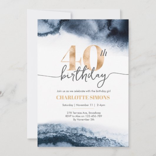 40歳の誕生日の招待ネイビーの水の色と金ゴールド 招待状 (正面)